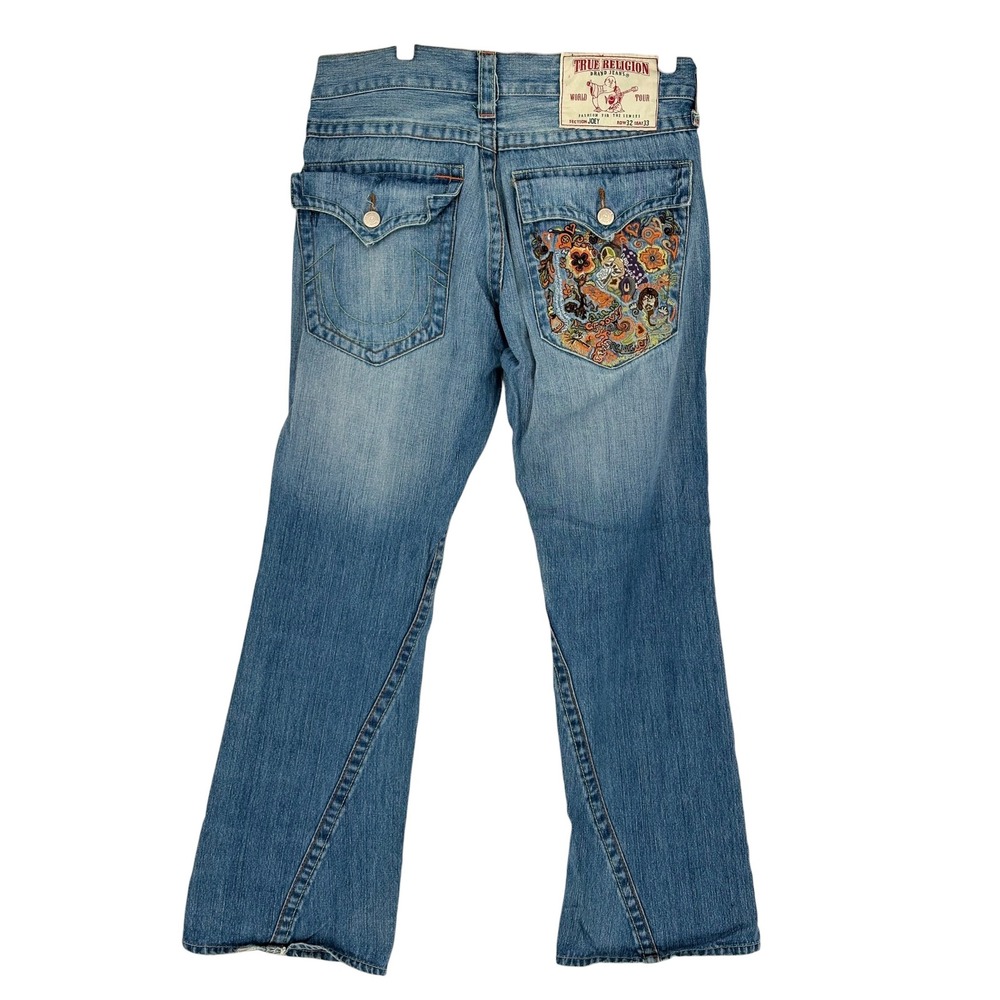 True Religion Joey Flare Jeans Blue Embroidered Stay Groovy 100% Cotton 32x33